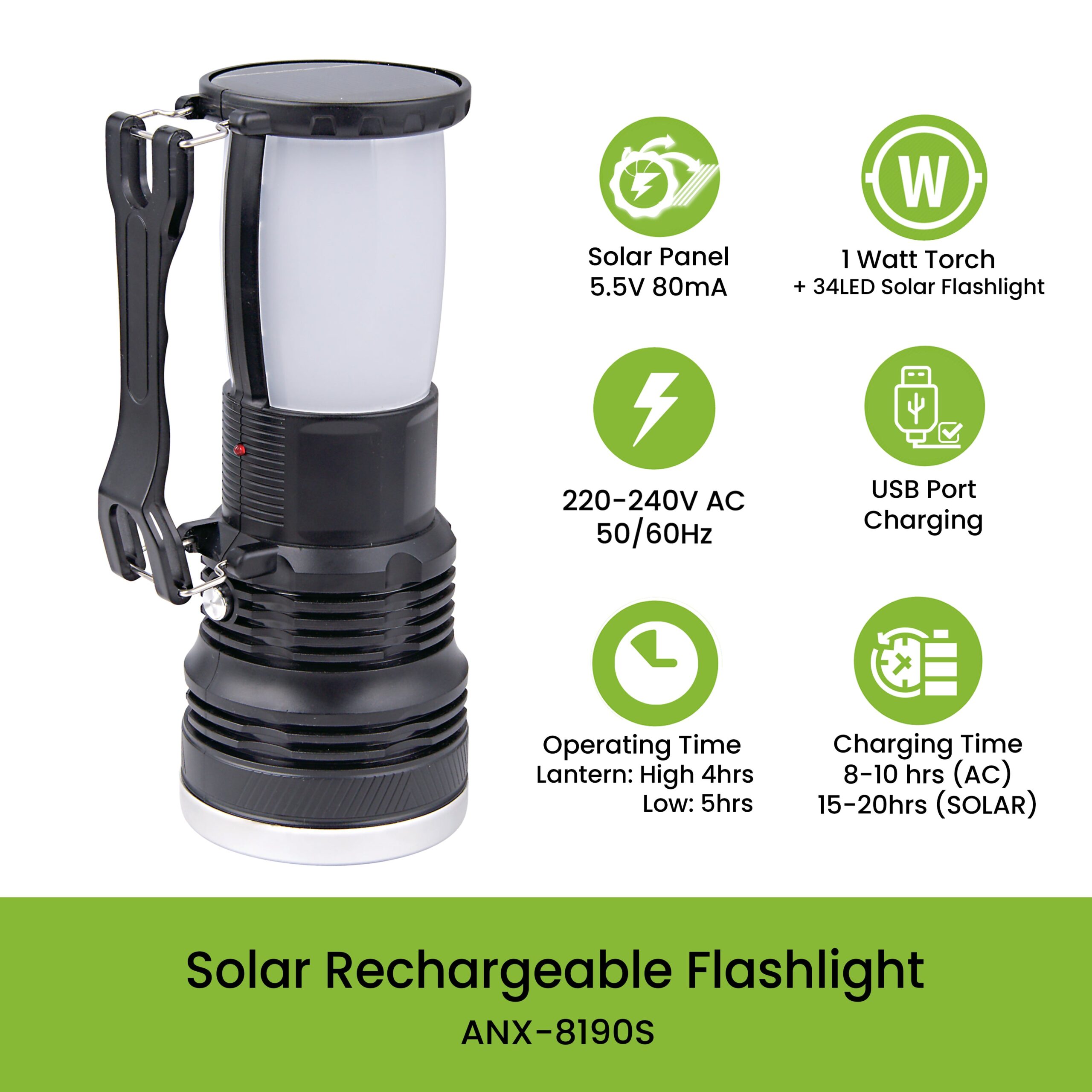 NxLed Solar Rechargeable Flashlight (ANX-8109S) - Image 5